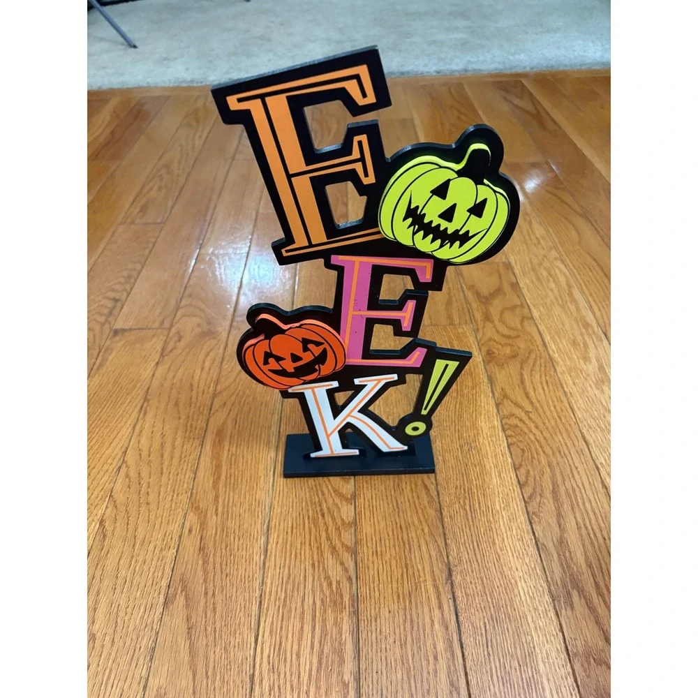 Halloween EEK! Wood Tabletop Sign Pumpkins Orange Pink Green 16 Inch Decor